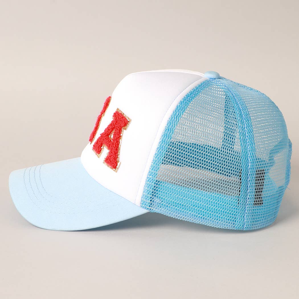 USA Chenille Patched Trucker Hat in Light Blue