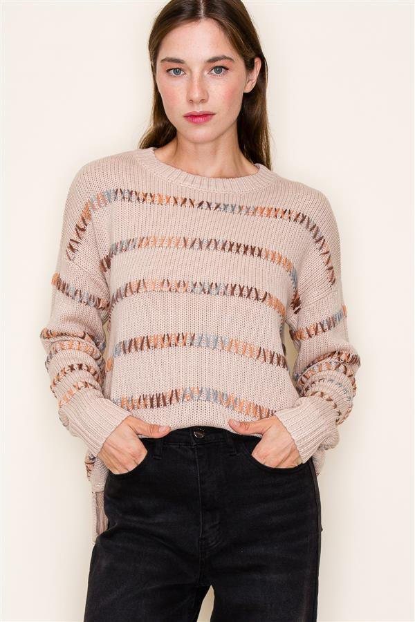 Harper Crewneck Pull Over Sweater Multi Colored Tan