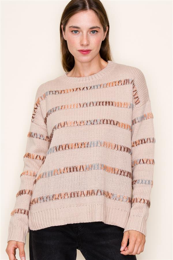 Harper Crewneck Pull Over Sweater Multi Colored Tan