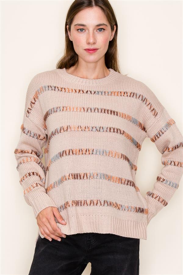 Harper Crewneck Pull Over Sweater Multi Colored Tan