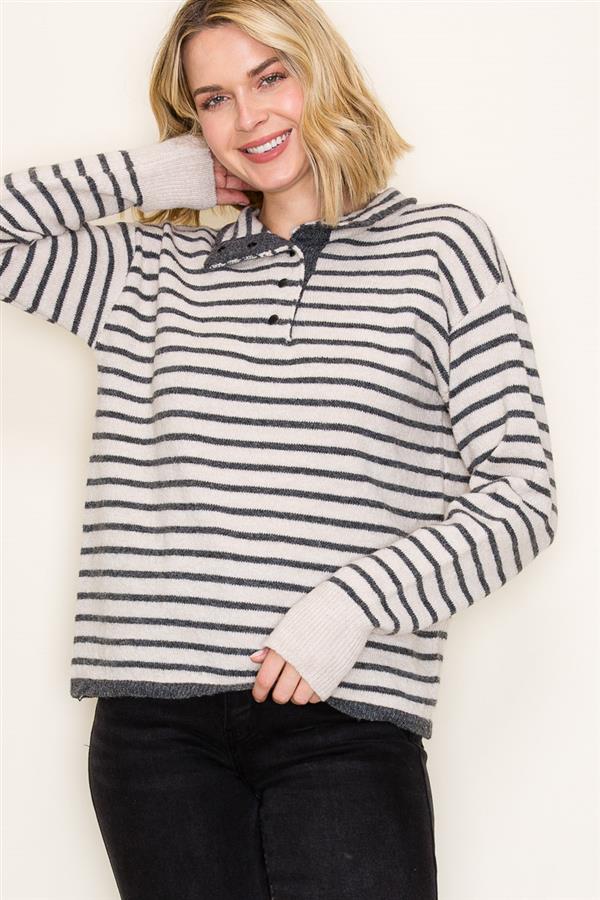 Charolette Mock Half Button Neck Striped Sweater