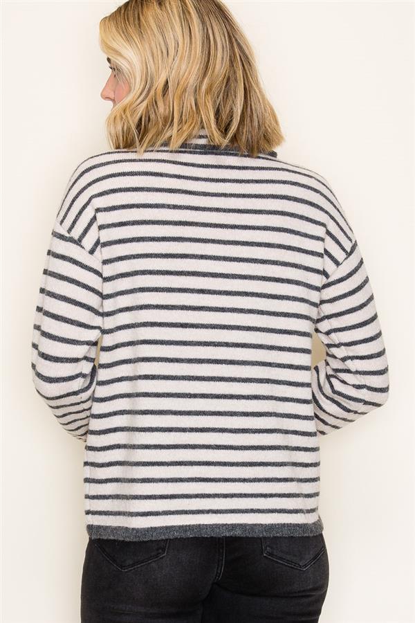 Charolette Mock Half Button Neck Striped Sweater