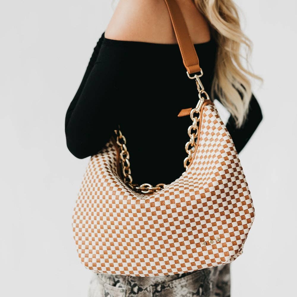 Sienna Slouchy Woven Shoulder Bag in Checkered Brown