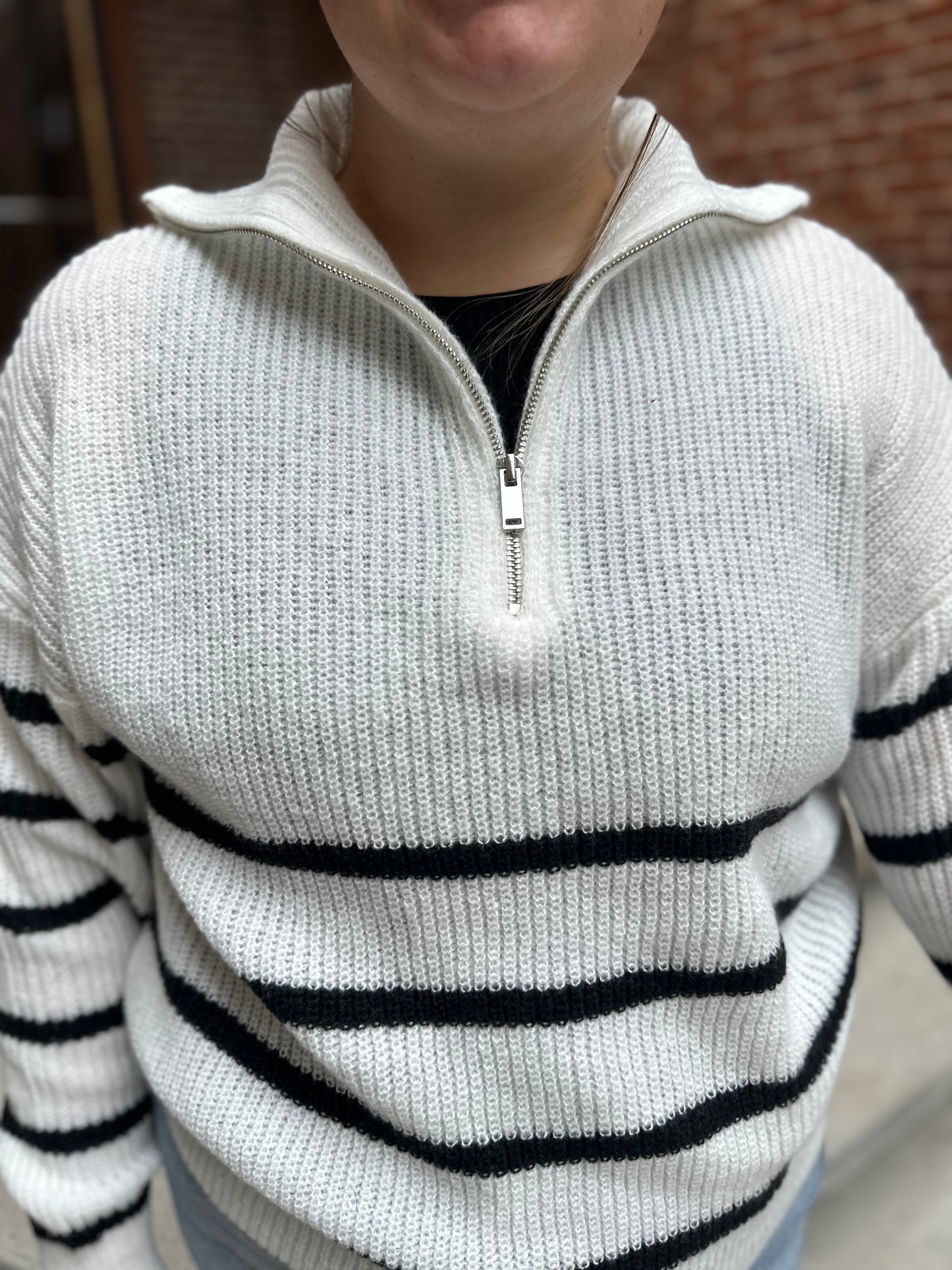 Zoey Striped Half Zip Knit Sweater in White