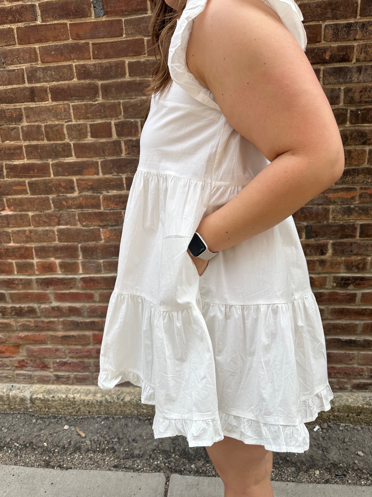 Nora White Tiered Dress with Flutter Ruffles