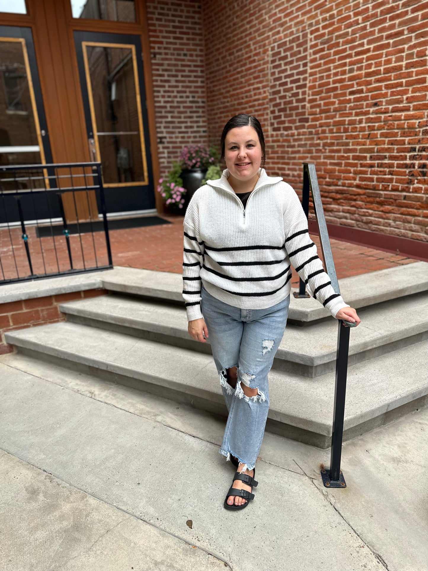 Zoey Striped Half Zip Knit Sweater in White