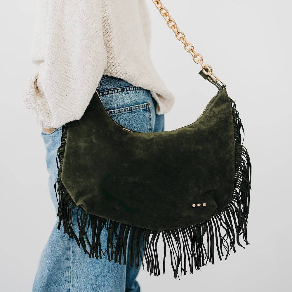 Loretta Suede Fringe Slouchy Bag in Black