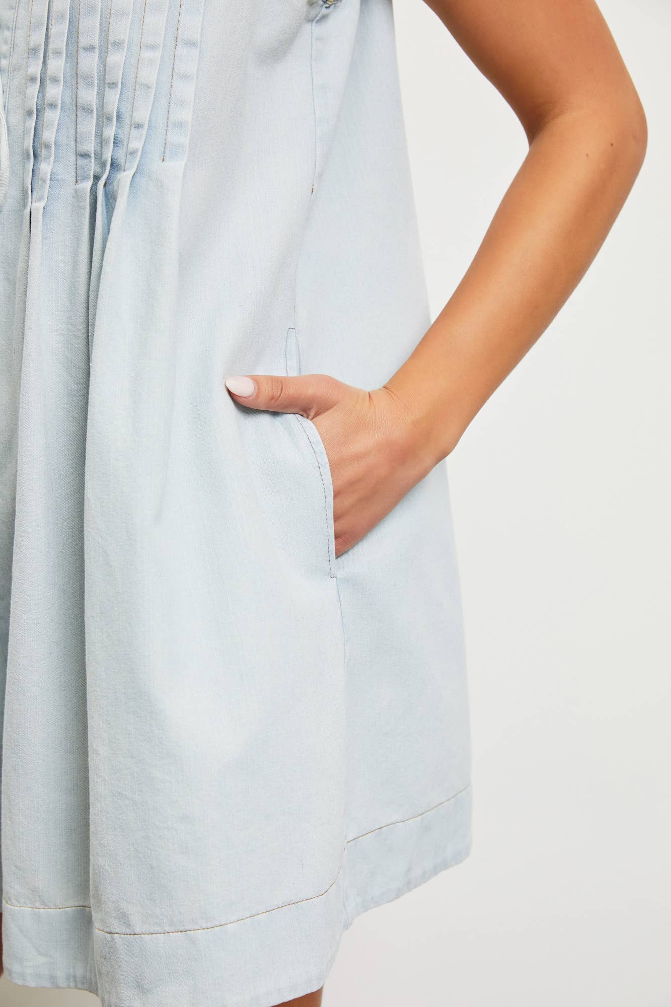 Clara Washed Denim Tie with Pleated Denim Romper Icy Denim