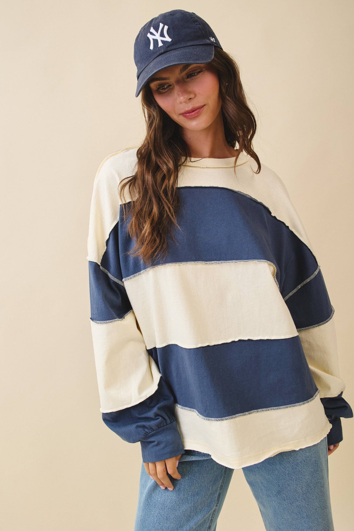 Angela Oversized Color Block Long Sleeve Pullover in Navy