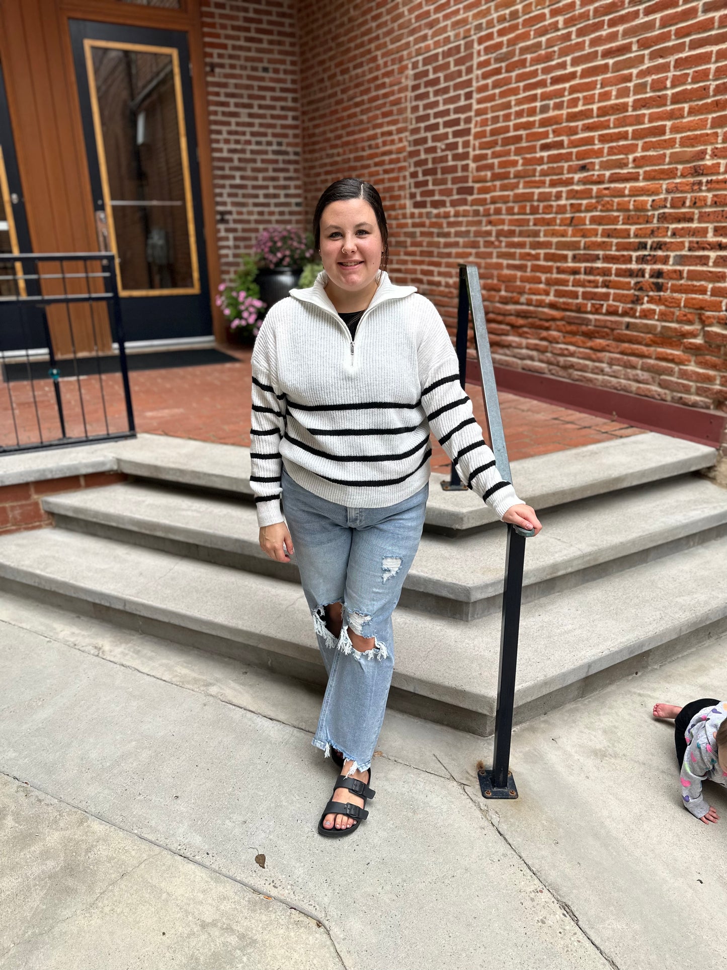 Zoey Striped Half Zip Knit Sweater in White