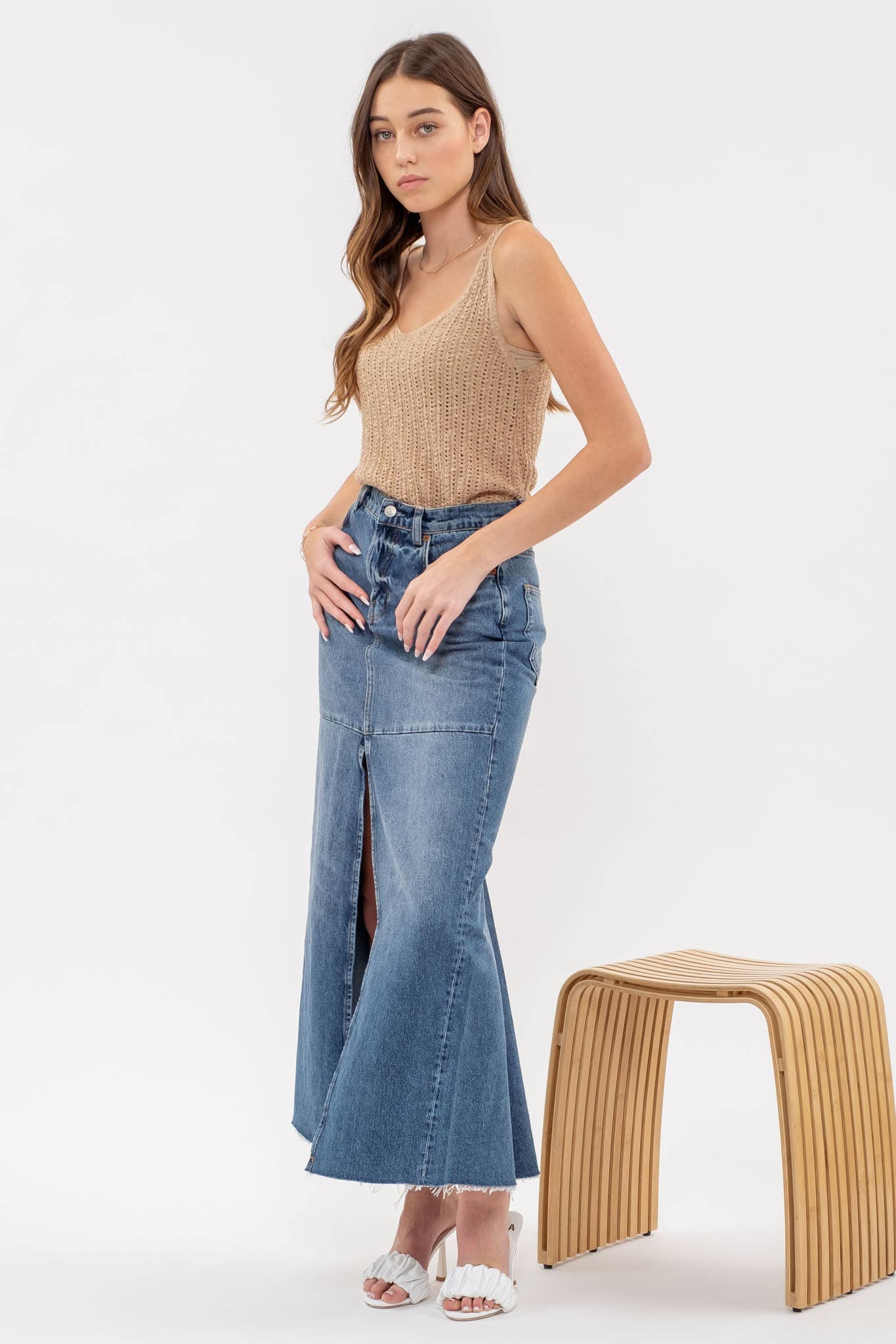 Katie V Neck Crochet Knit Tank Top in Tan