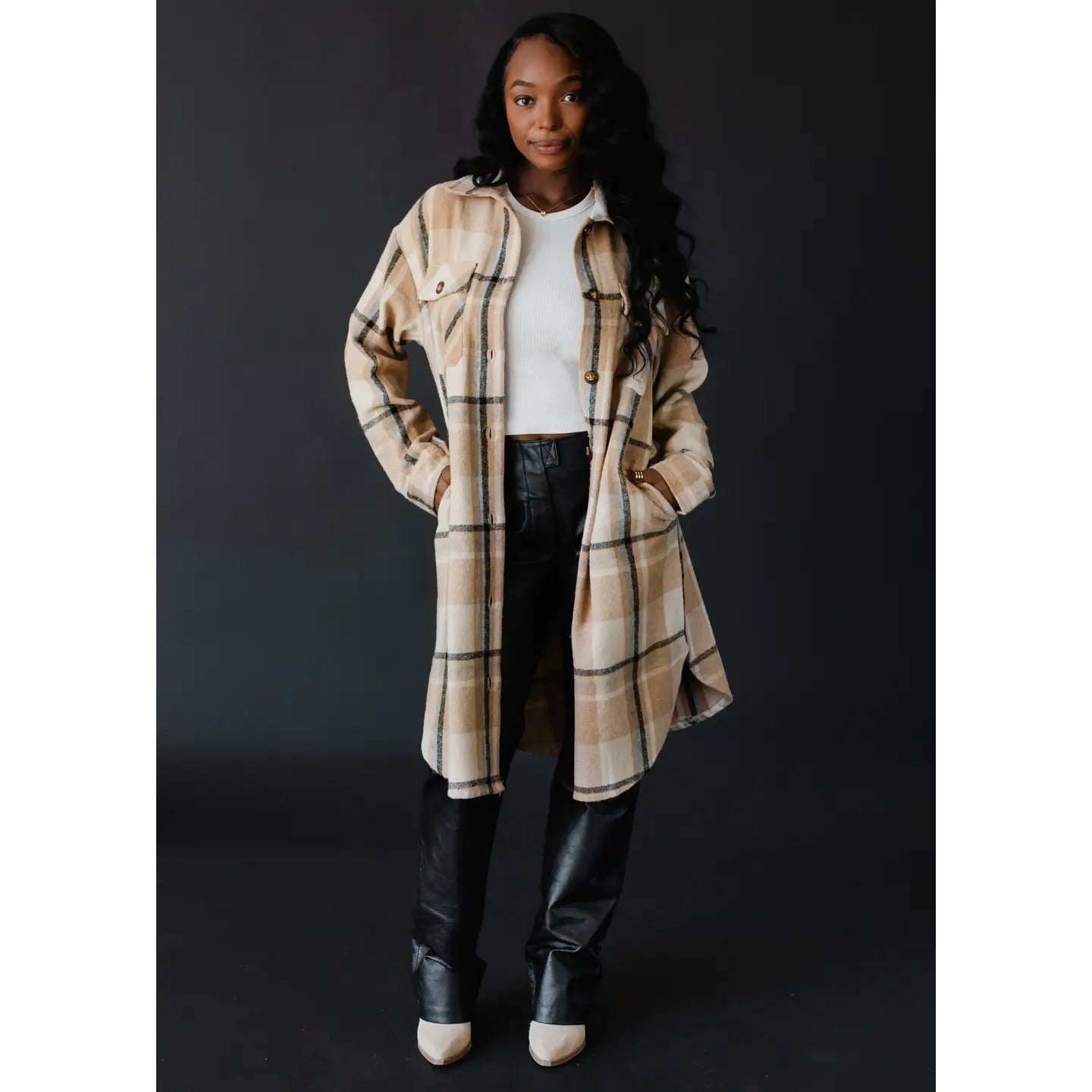 Celeste Tan, Black & Beige Plaid Long Flannel