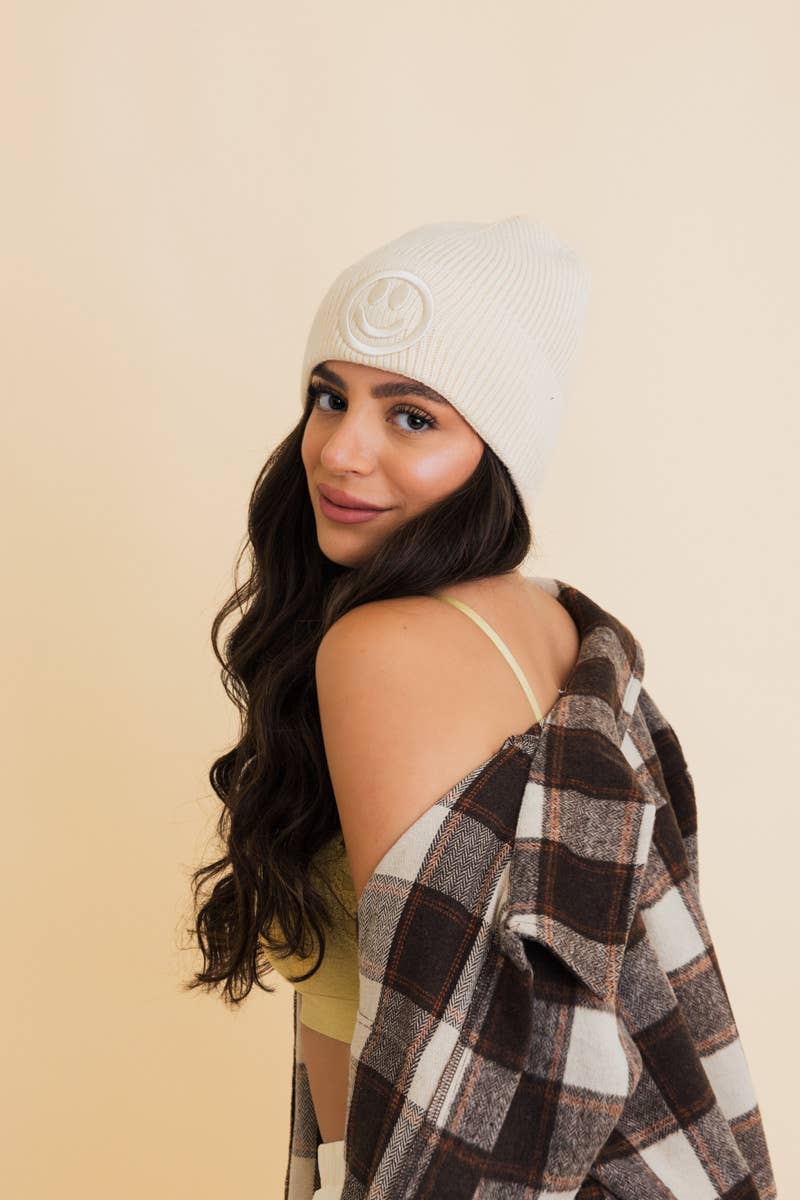 Happy Face Embroidered Ribbed Knit Beanie in Vanilla
