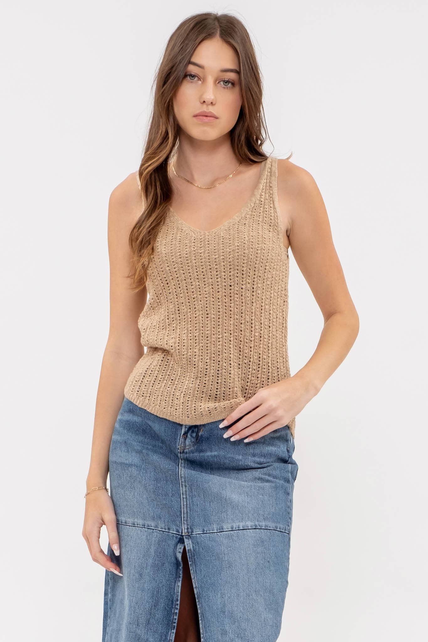 Katie V Neck Crochet Knit Tank Top in Tan
