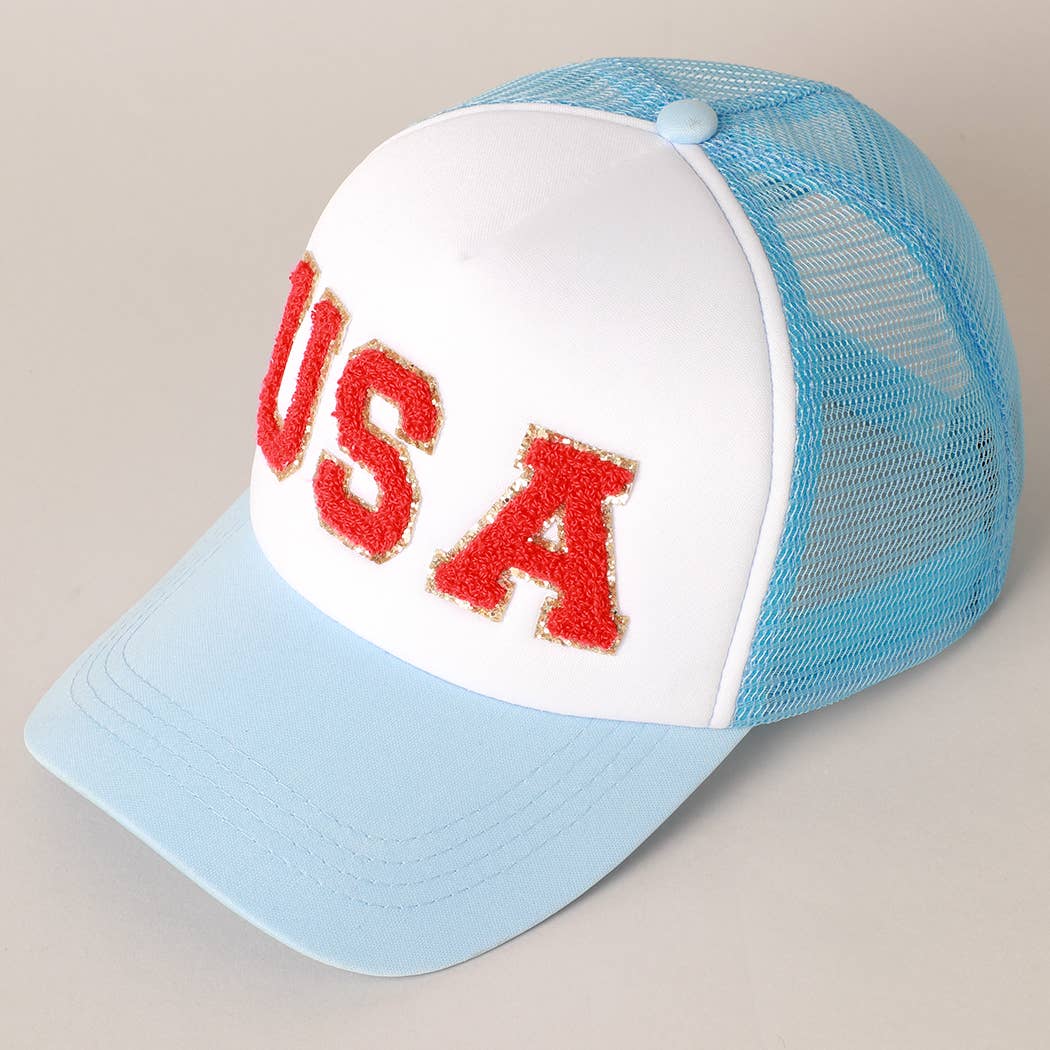 USA Chenille Patched Trucker Hat in Light Blue