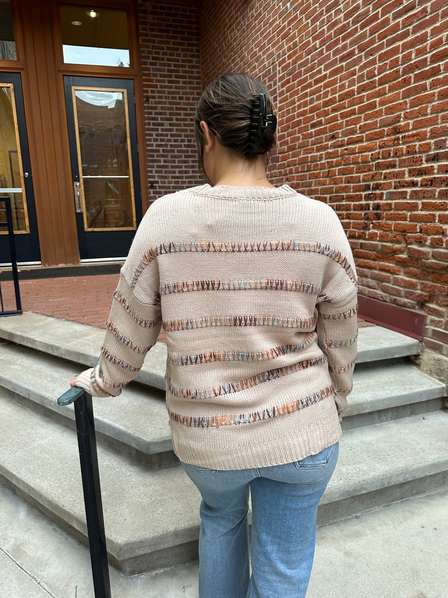 Harper Crewneck Pull Over Sweater Multi Colored Tan