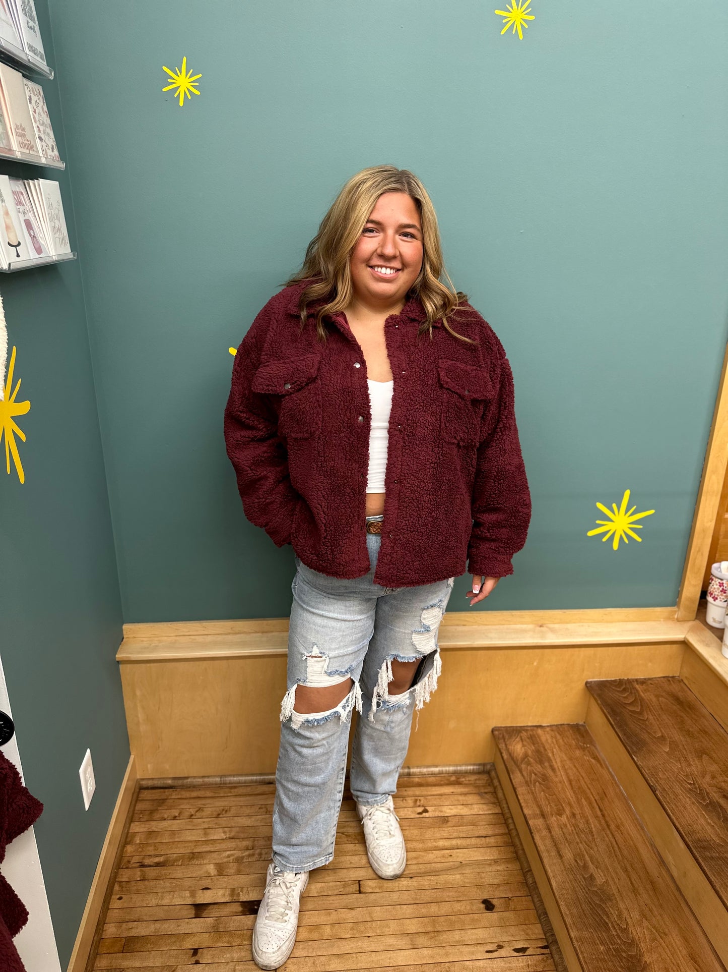 Sadie Shearling Shacket Burgundy in Plus