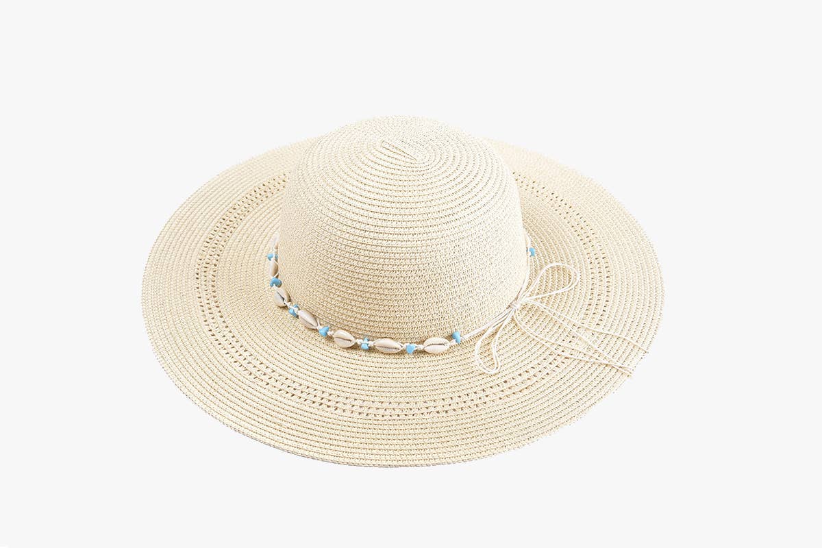 Agatha Straw Hat w/ Seashell & Bead Band in Beige