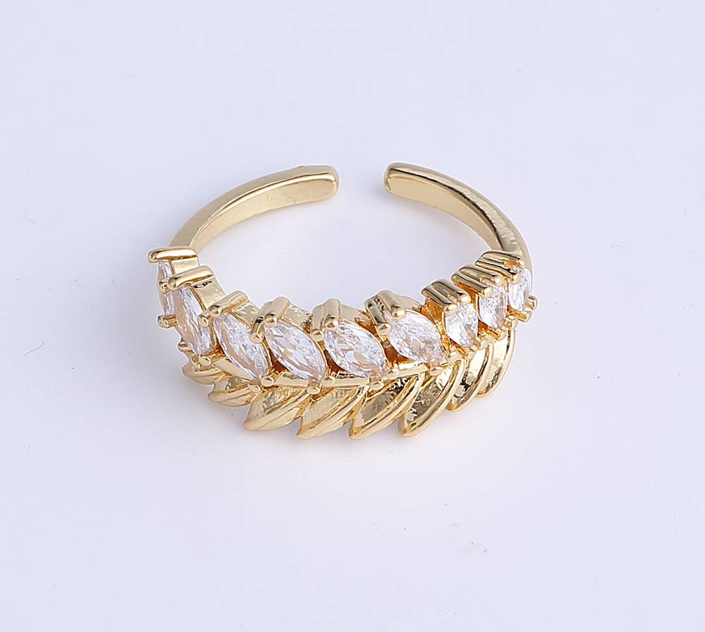 Gold Filled Adjustable Rhinestone Leaf Fashion Ring