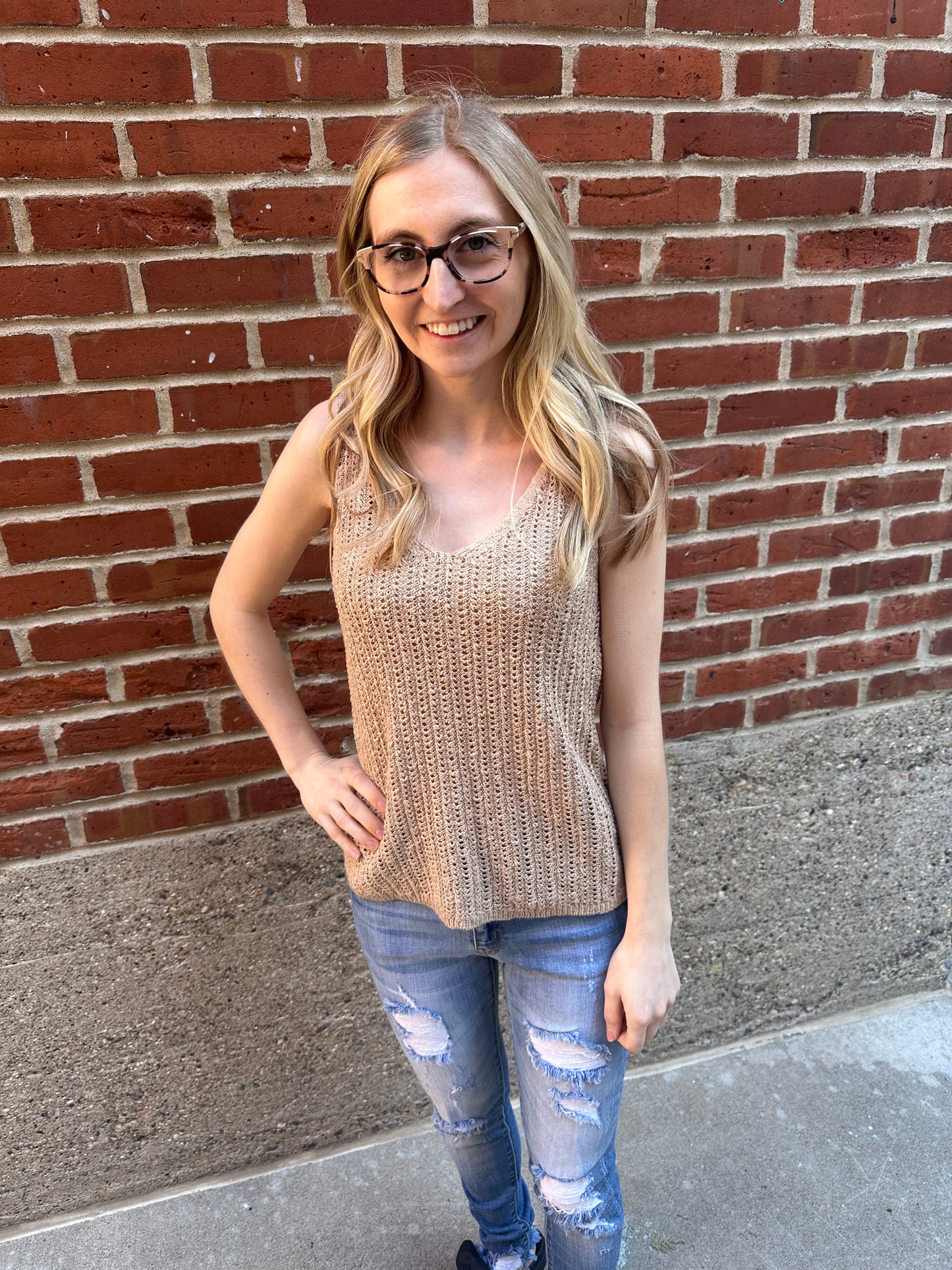 Katie V Neck Crochet Knit Tank Top in Tan