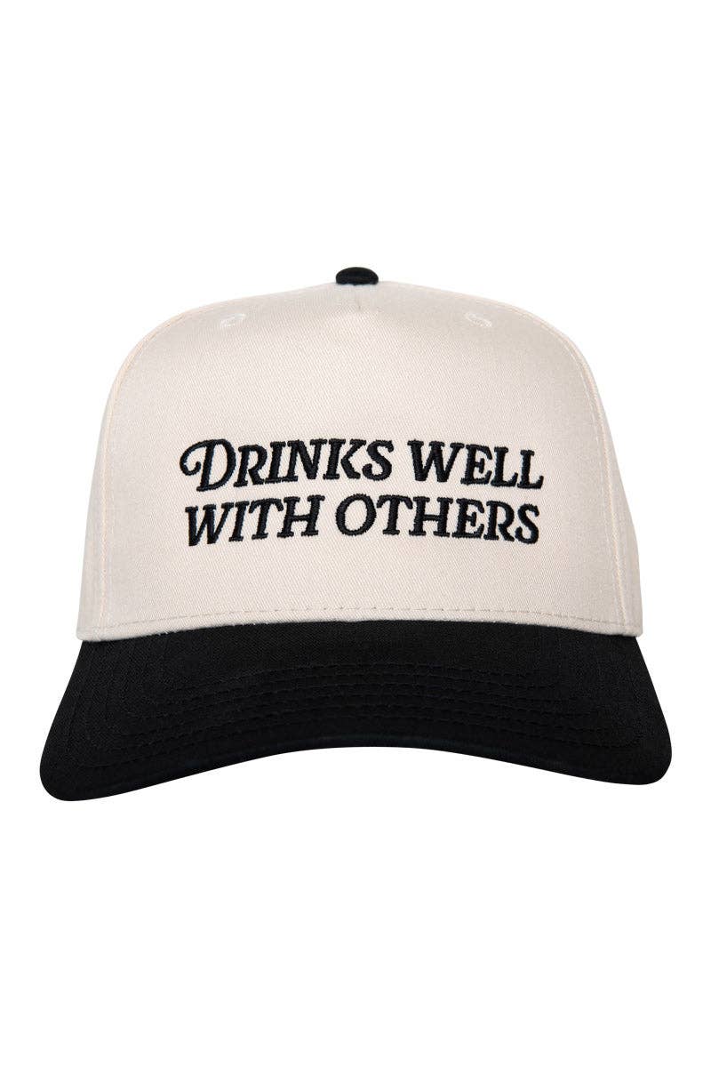 Drinks Well With Others Vintage Trucker Hat in Black and Tan