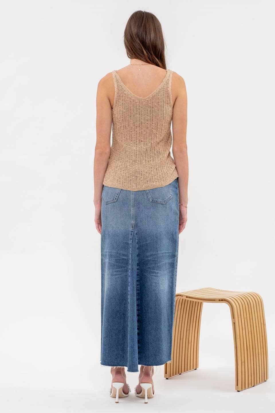 Katie V Neck Crochet Knit Tank Top in Tan