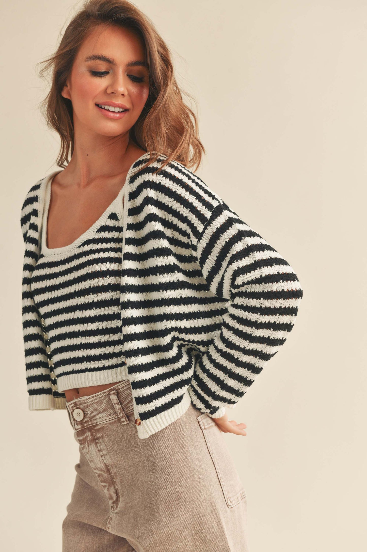 Emory Crochet Knitted Cardigan in Black/White