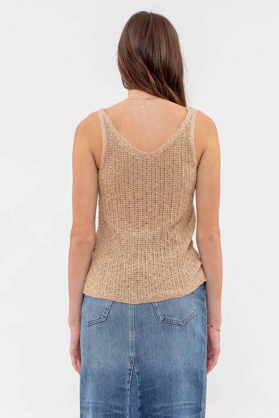 Katie V Neck Crochet Knit Tank Top in Tan