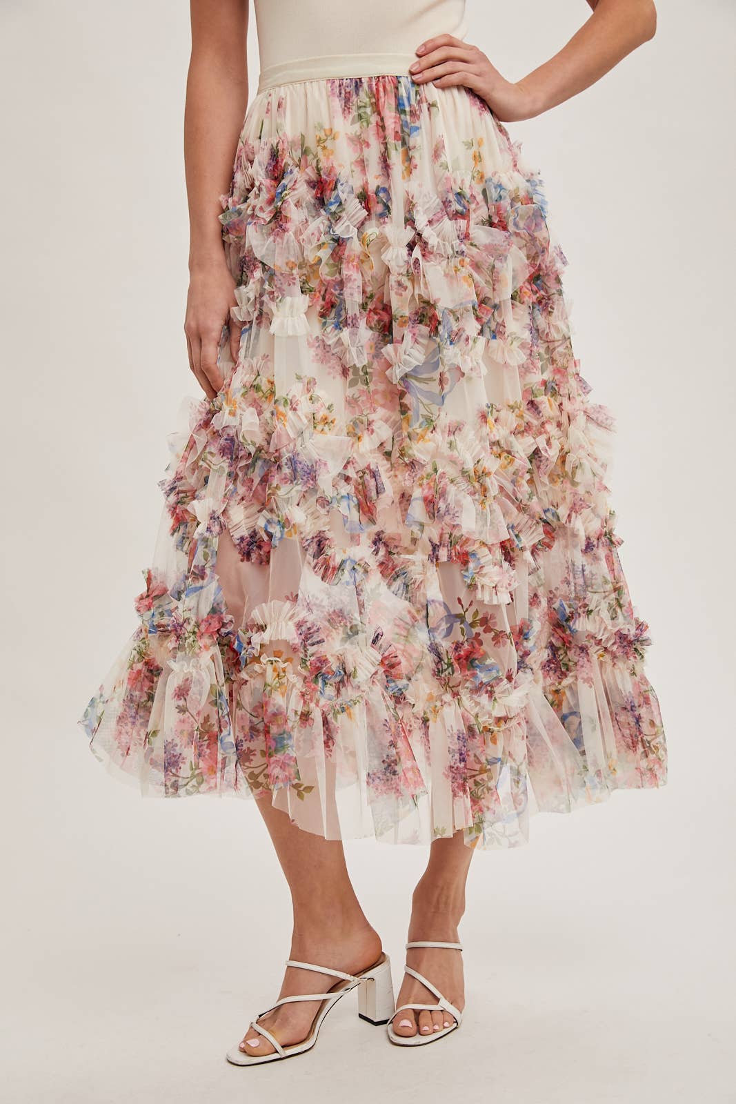 Joni Floral Ruffled Mesh Skirt in Ecru