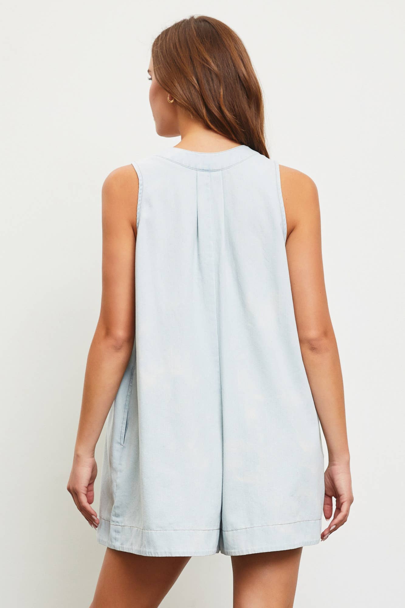 Clara Washed Denim Tie with Pleated Denim Romper Icy Denim