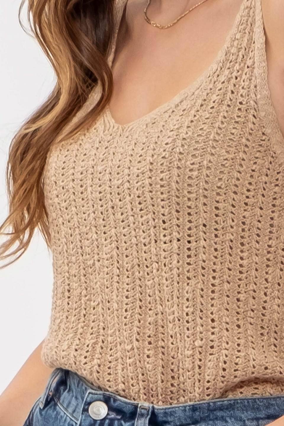 Katie V Neck Crochet Knit Tank Top in Tan