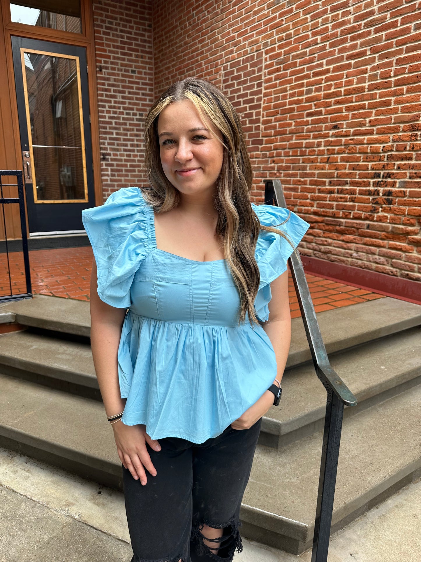 Everly Fluttered Ruffle Top in Baby Blue