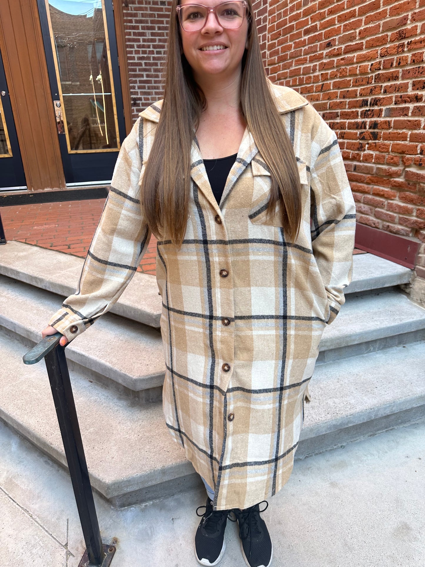 Celeste Tan, Black & Beige Plaid Long Flannel