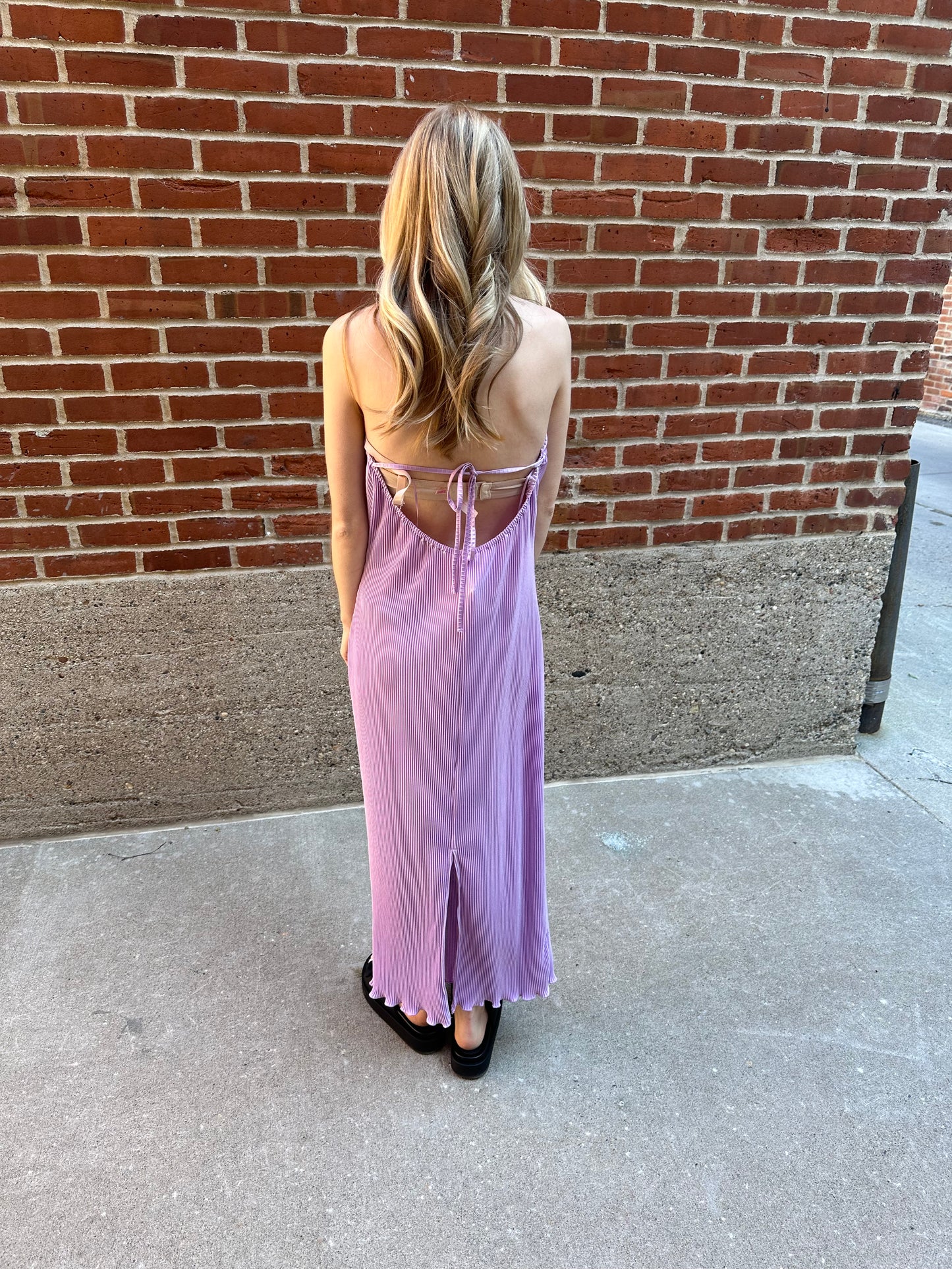 Joni Lavender Pleated Halter Dress