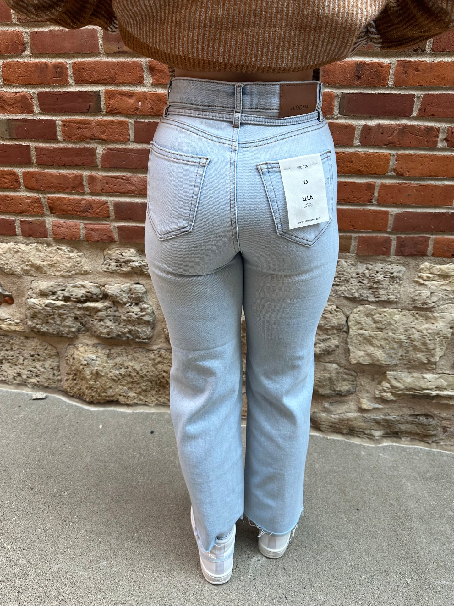 Ella Light Wash Tie Waist Clean Stretch Wide Straight