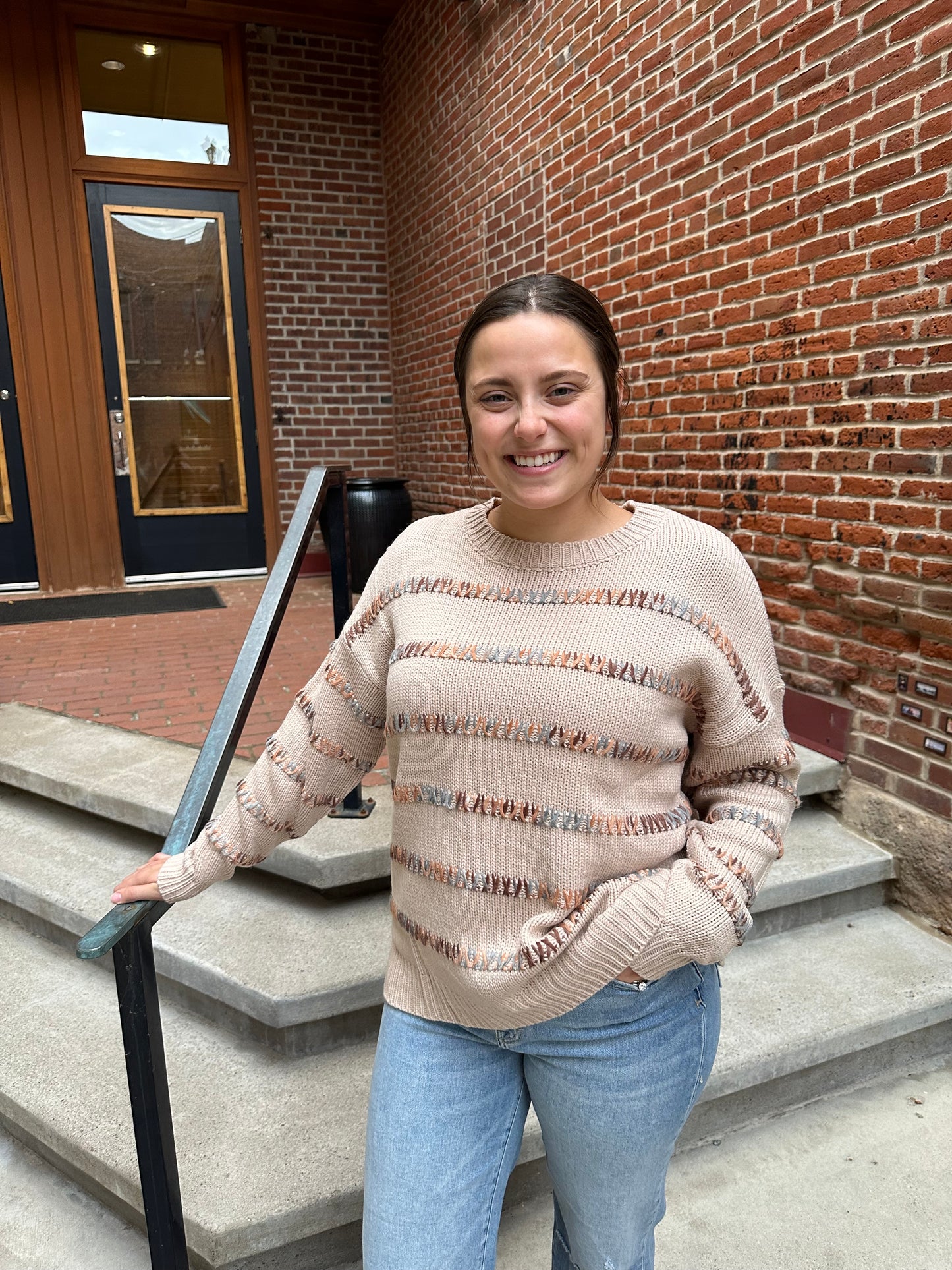 Harper Crewneck Pull Over Sweater Multi Colored Tan