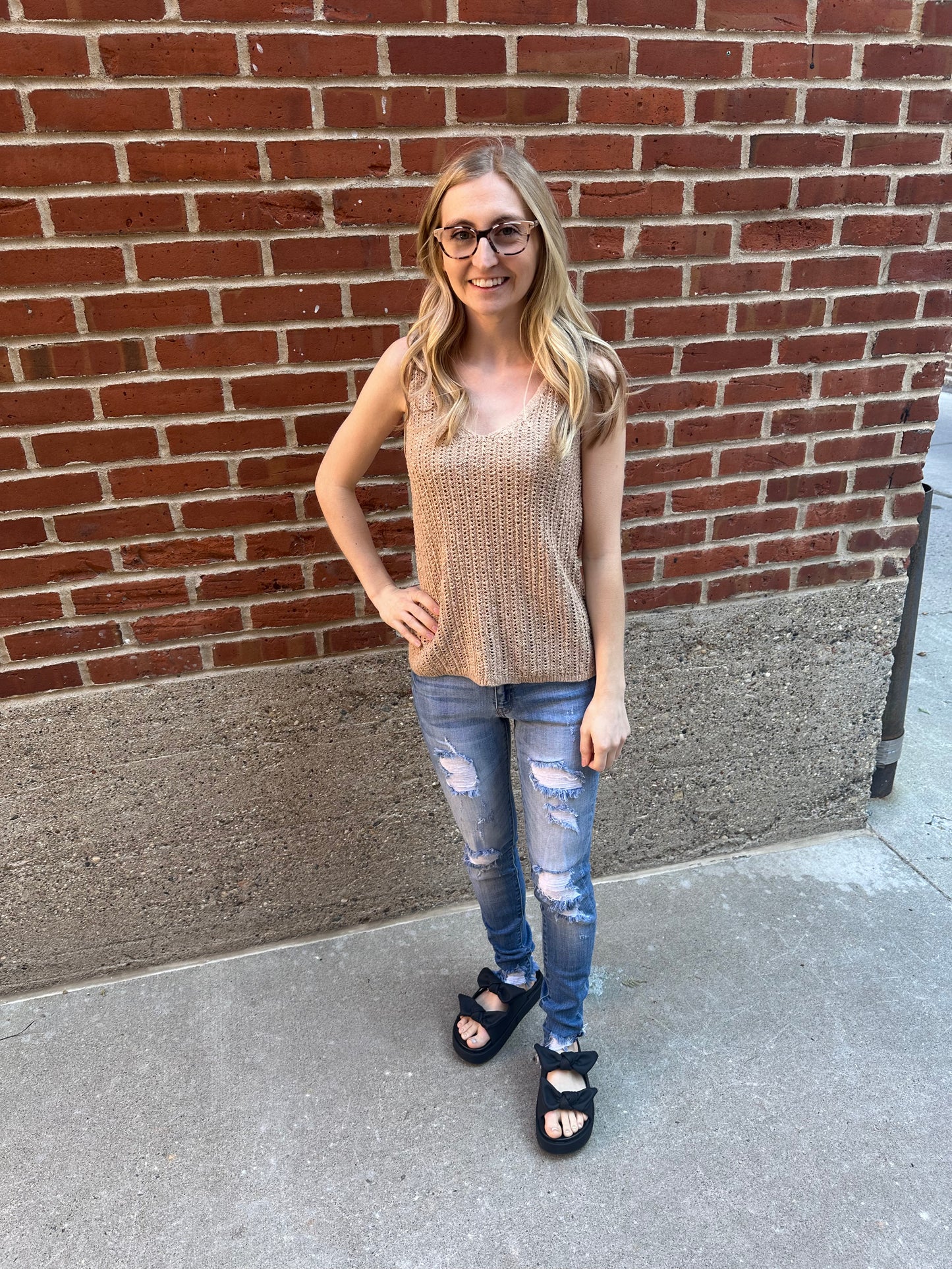 Katie V Neck Crochet Knit Tank Top in Tan