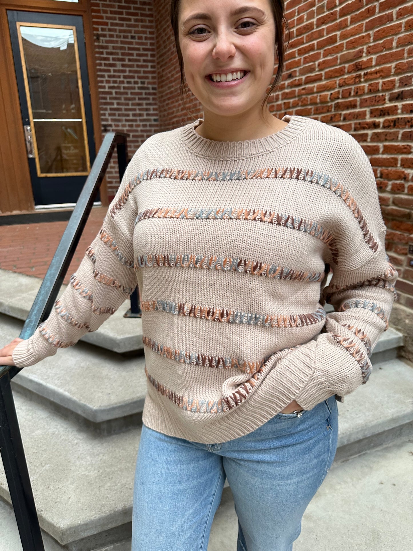 Harper Crewneck Pull Over Sweater Multi Colored Tan
