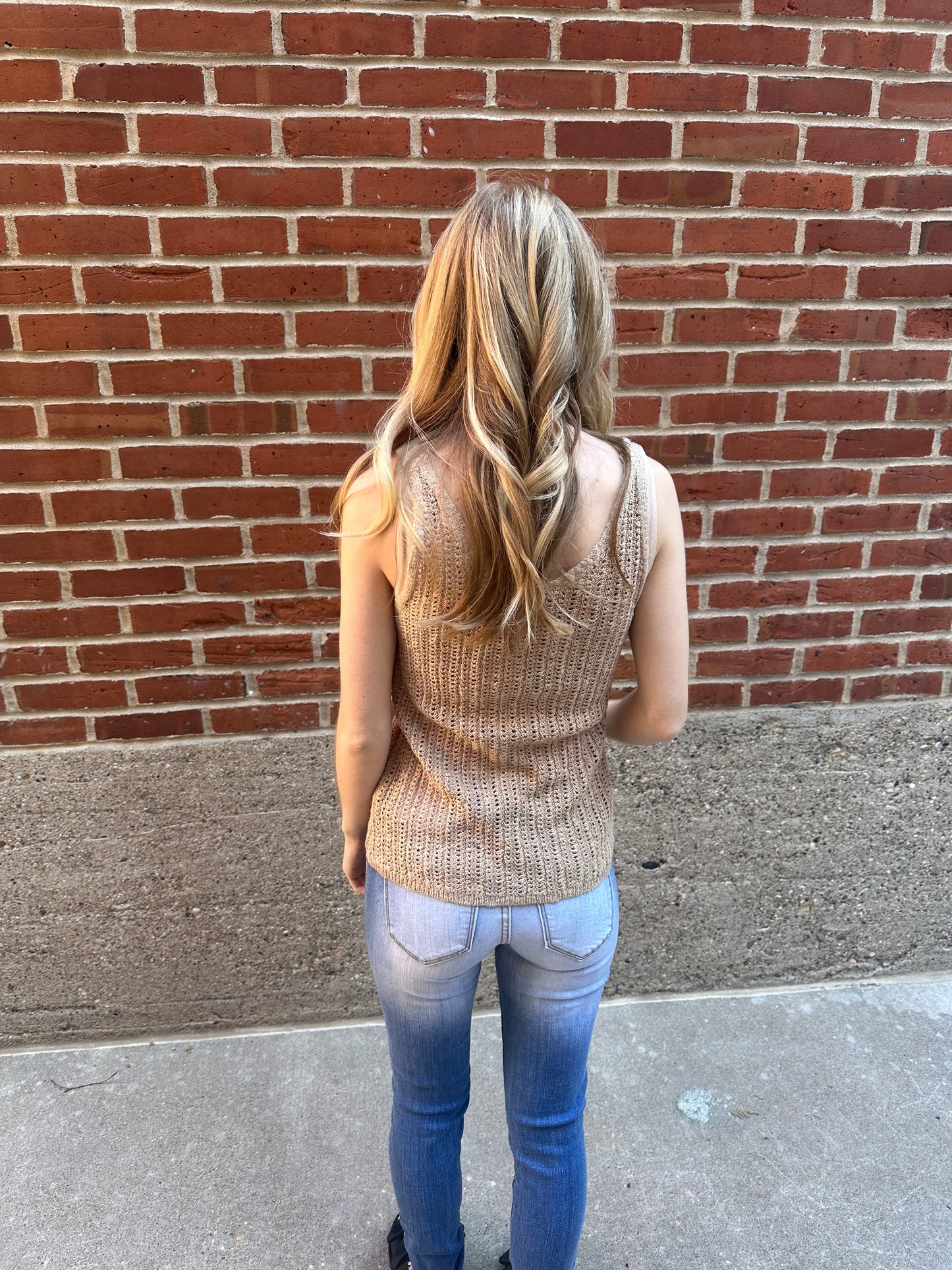 Katie V Neck Crochet Knit Tank Top in Tan