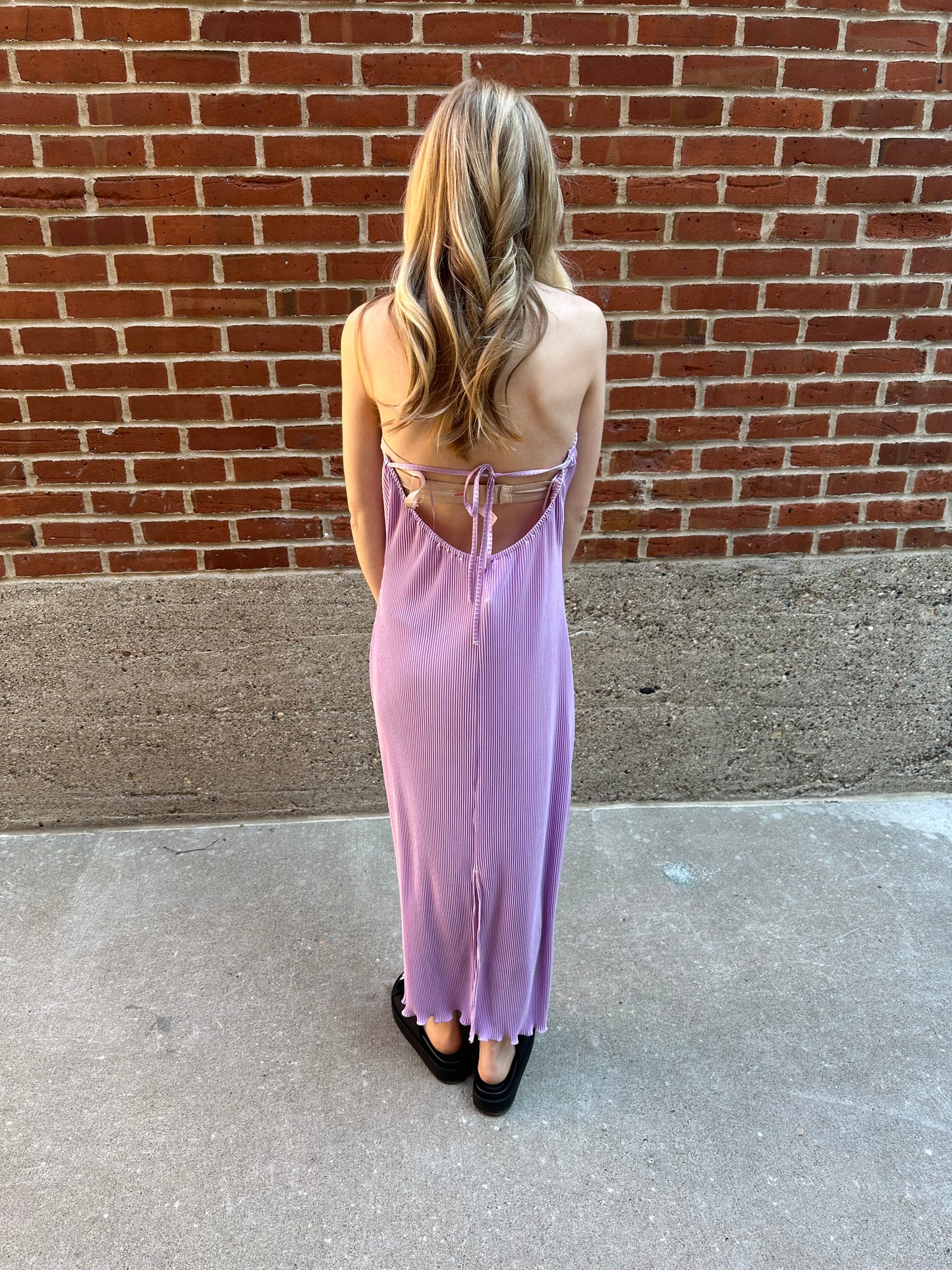 Joni Lavender Pleated Halter Dress