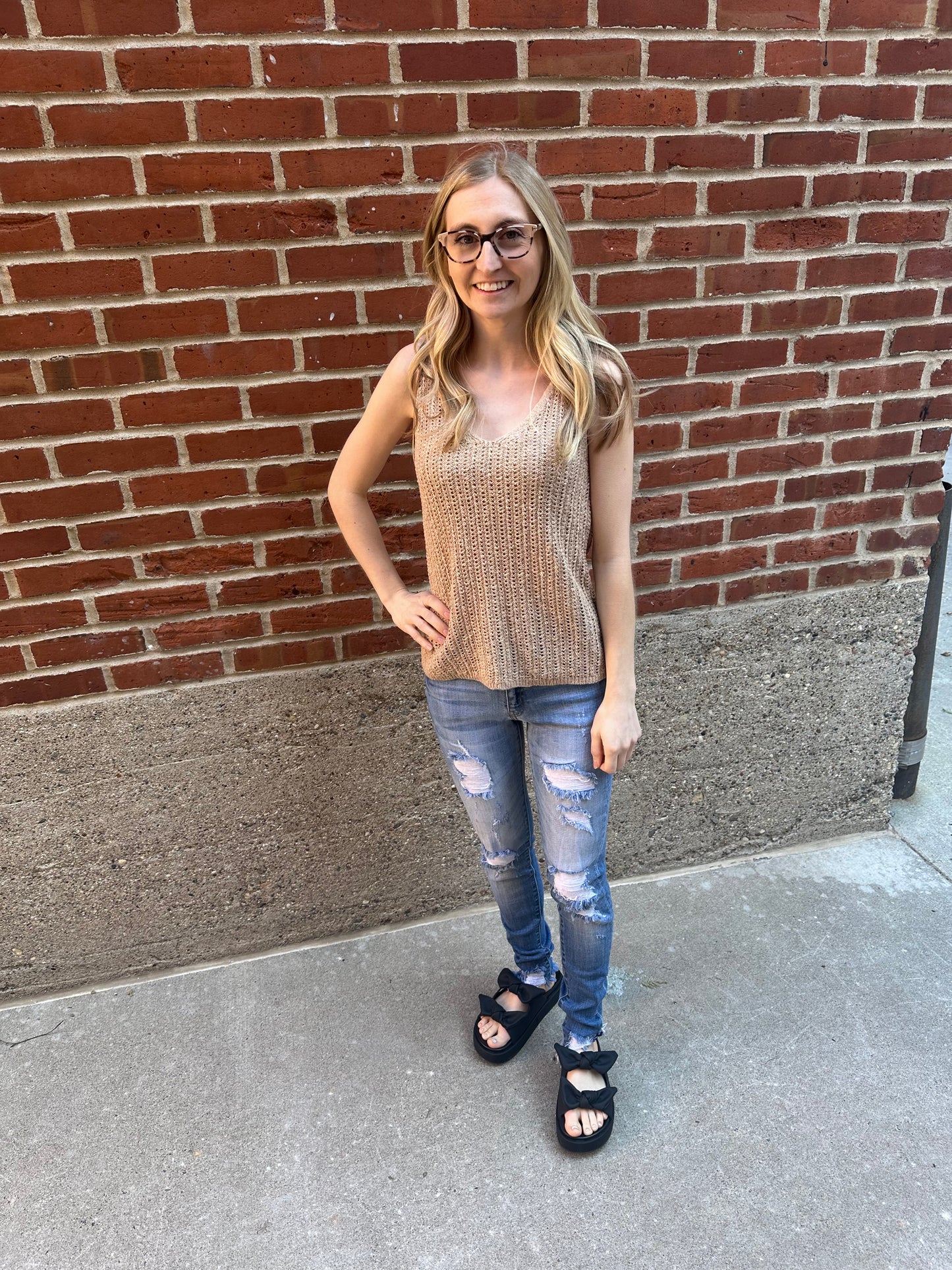 Katie V Neck Crochet Knit Tank Top in Tan