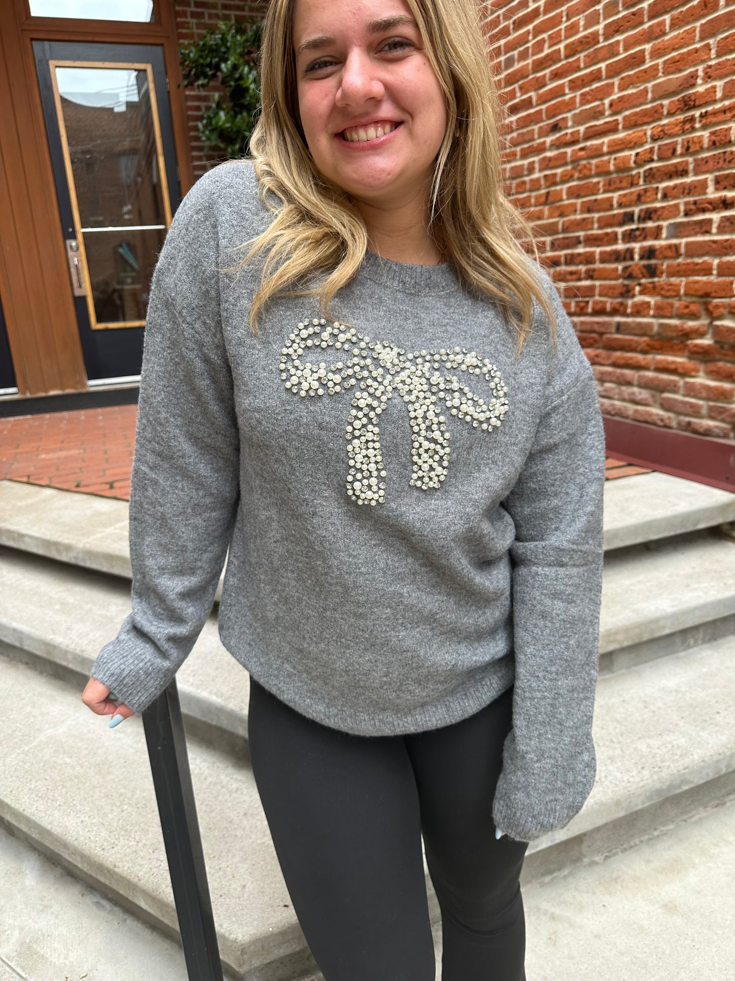 Addyson Bow Crew Sweater in Grey