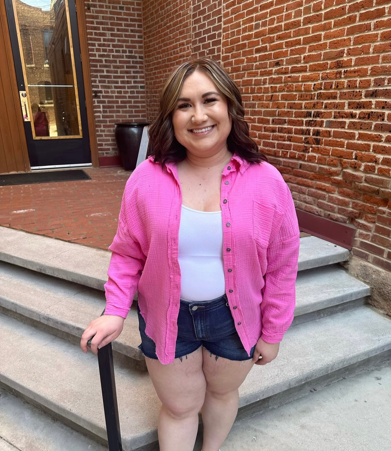 Ashlynn Button Up in Candy Pink in Plus Size