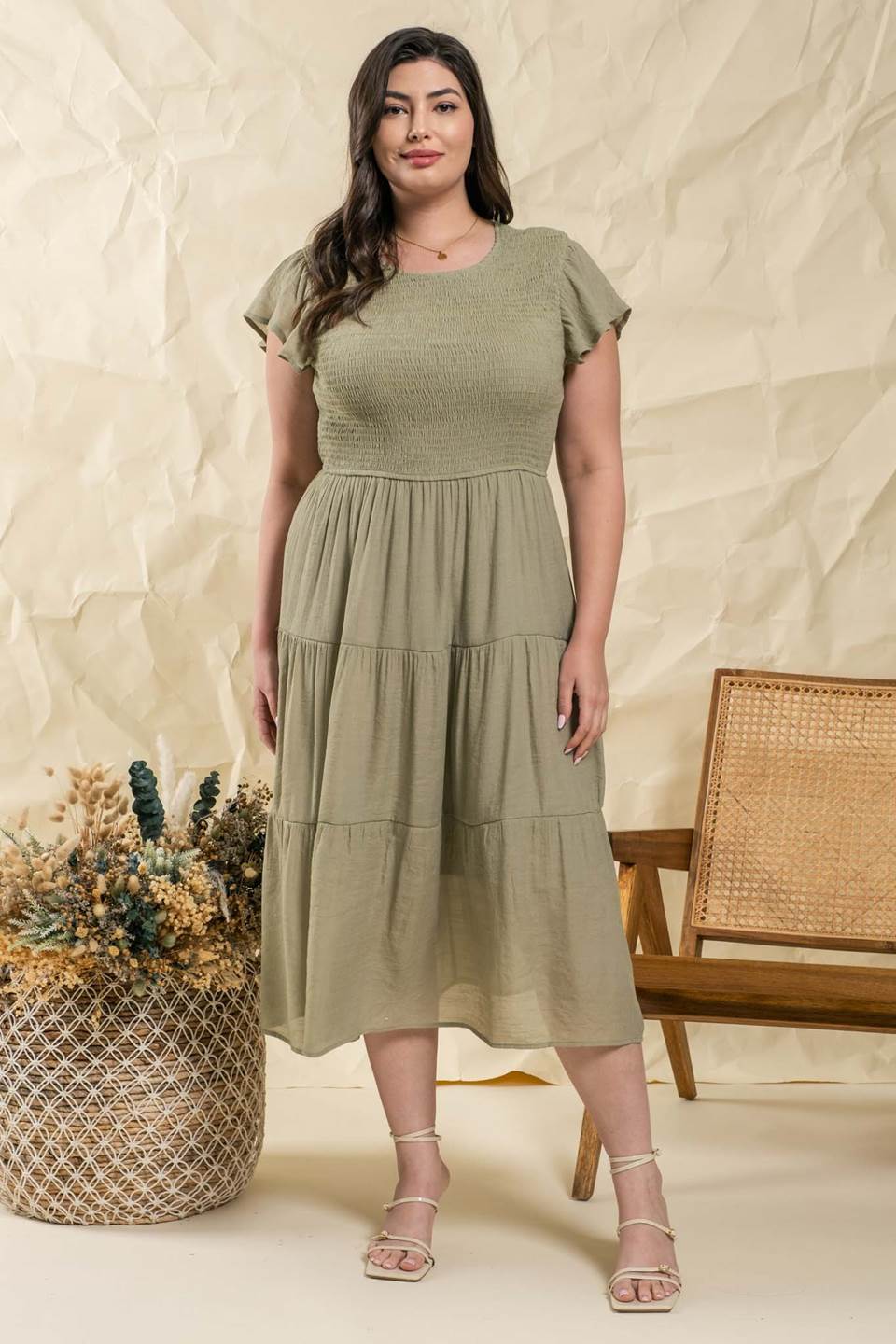 Tamela Tiered Midi Dress in Plus Size in Light Olive
