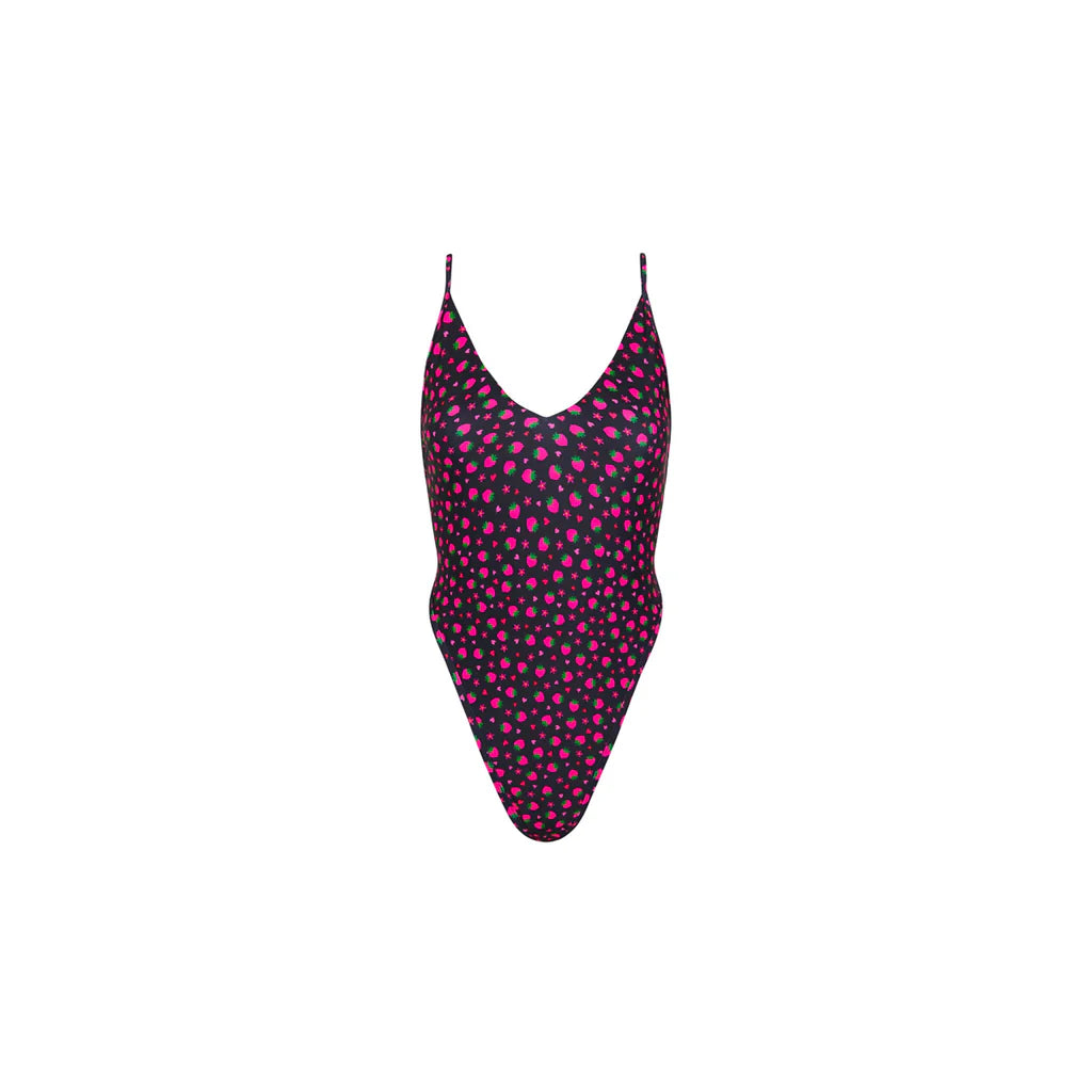 One Piece Plunge Cross Back in Ruby Kisses