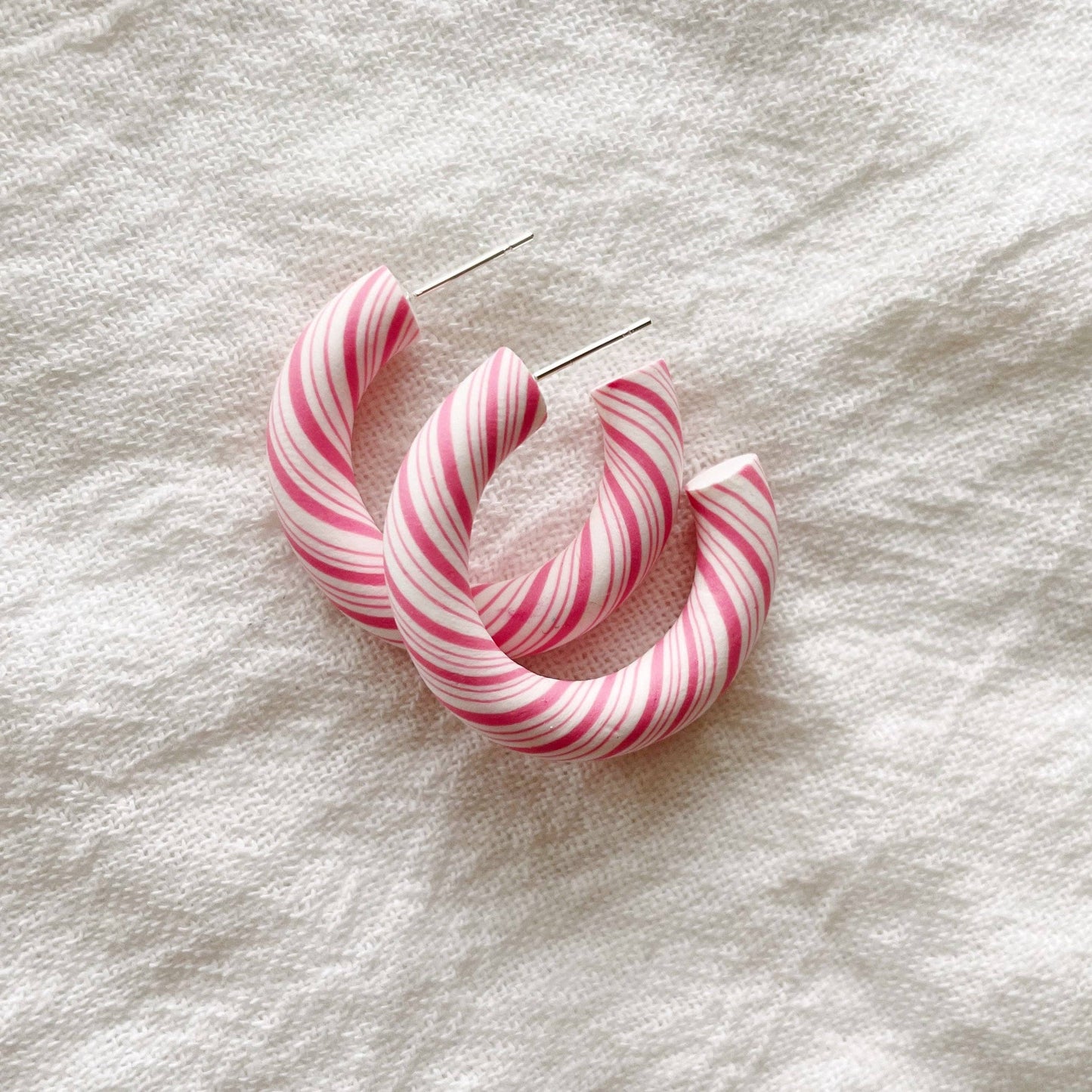 Candy Cane Hoops - Pink | Polymer Clay Christmas Earrings
