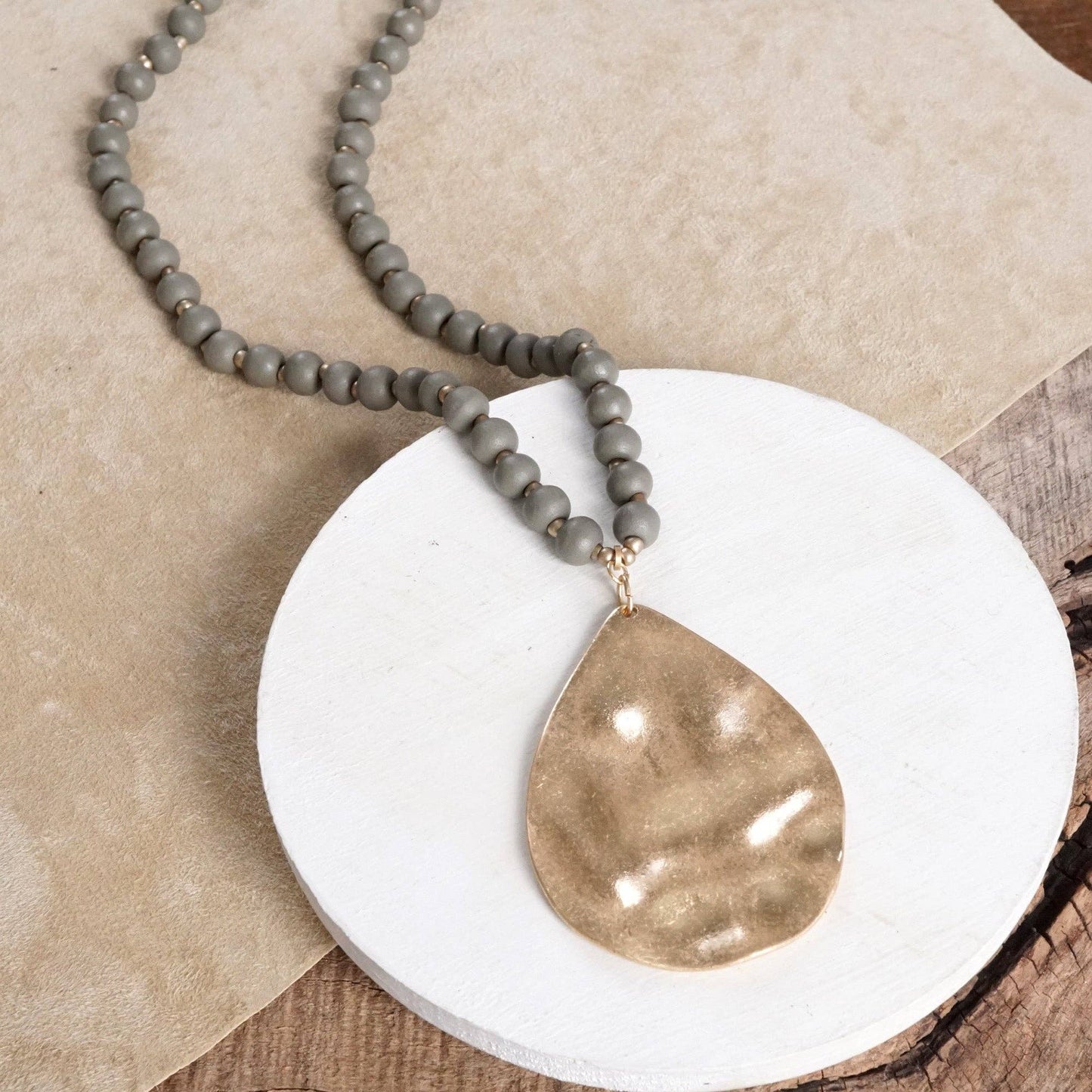 Long Wooden Bead Necklace in Gray