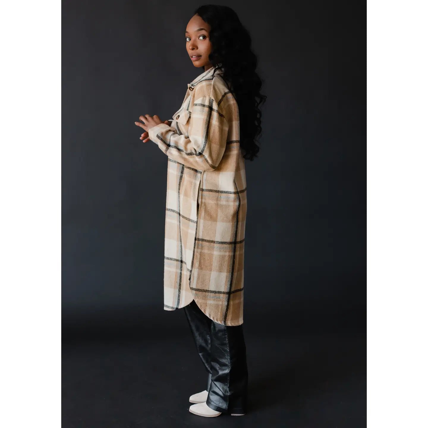 Celeste Tan, Black & Beige Plaid Long Flannel