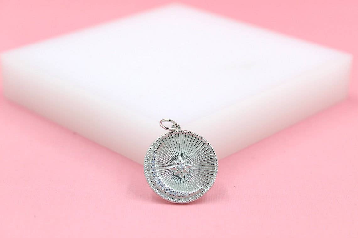 Crescent Moon Star Medallion Pendant in Rhodium
