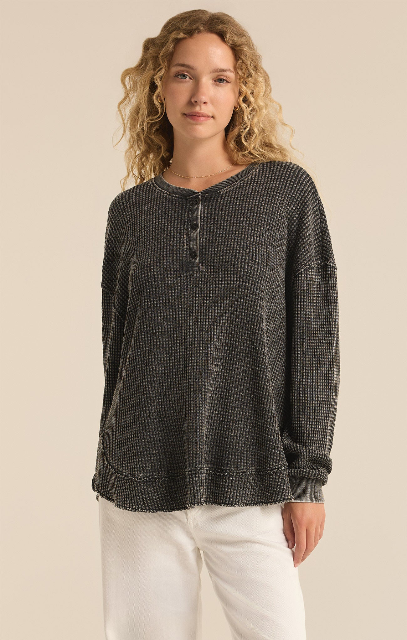 Jax Cozy Waffle Henley in Jet Black
